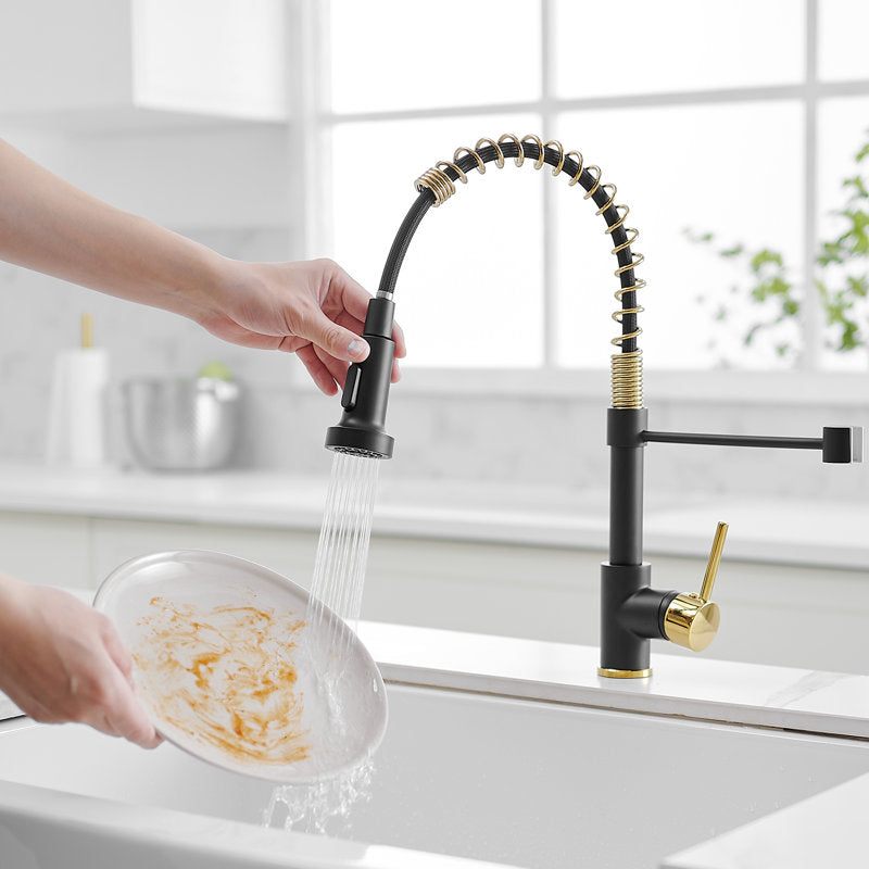 Pull-down kitchen faucet spray and stream nozzle in black and gold