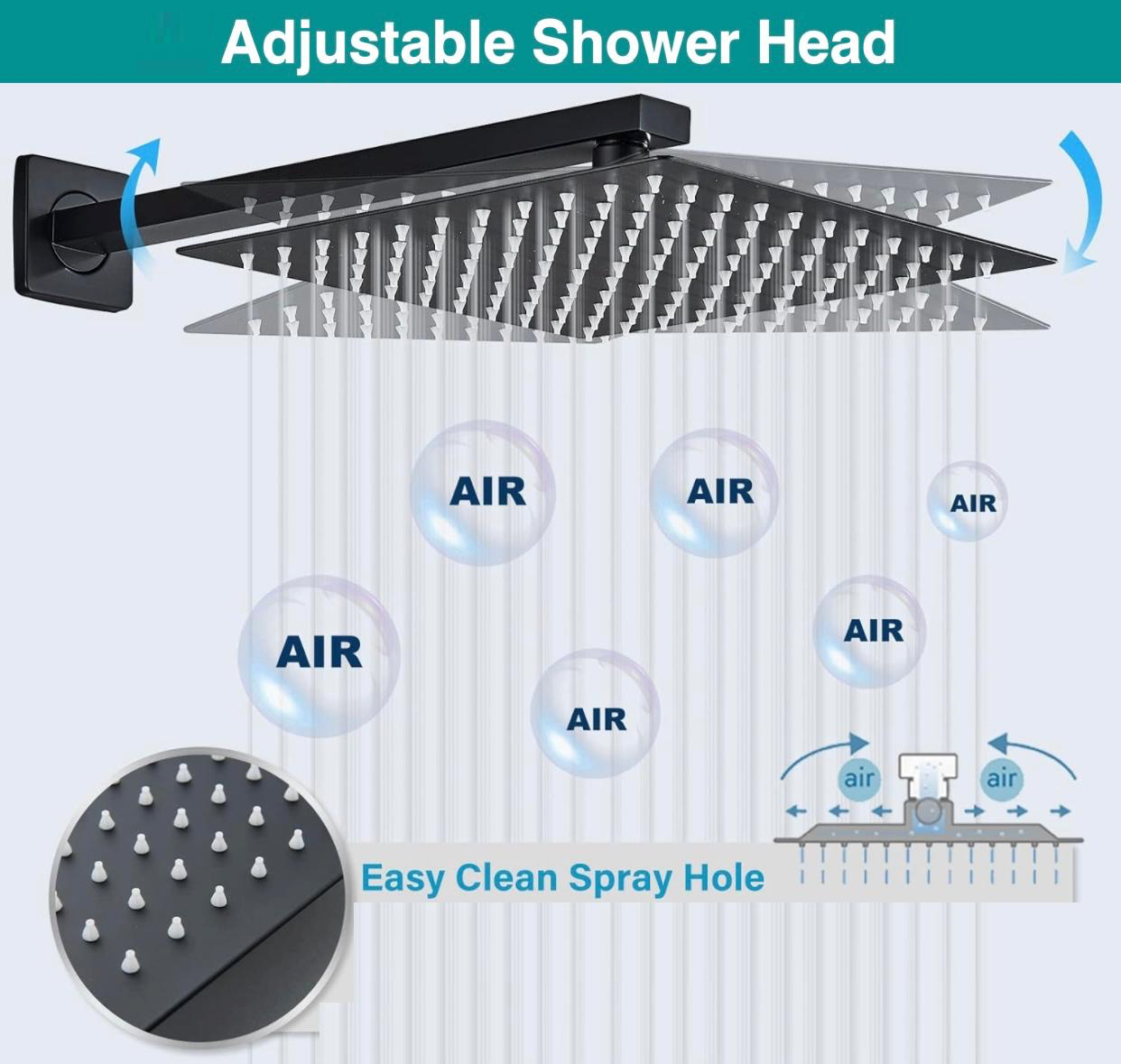Square rainfall shower head matte black finish MAX Faucets