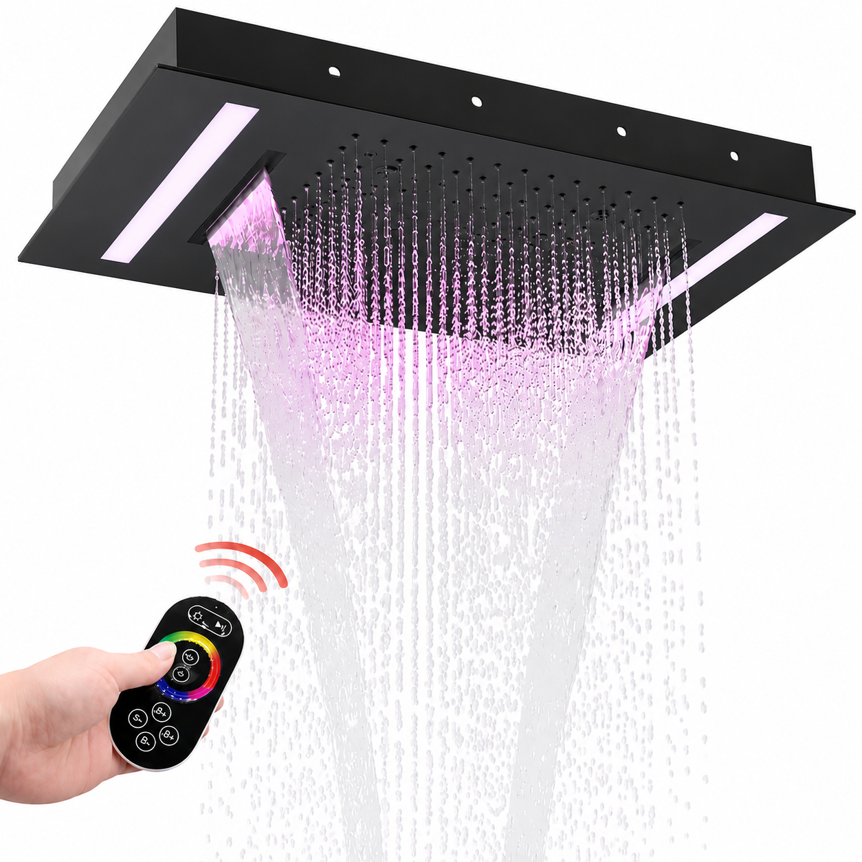 20" x 14" LED Ceiling-Mounted Rainfall, Waterfall & Mist Shower Head with Remote Control – Matte Black