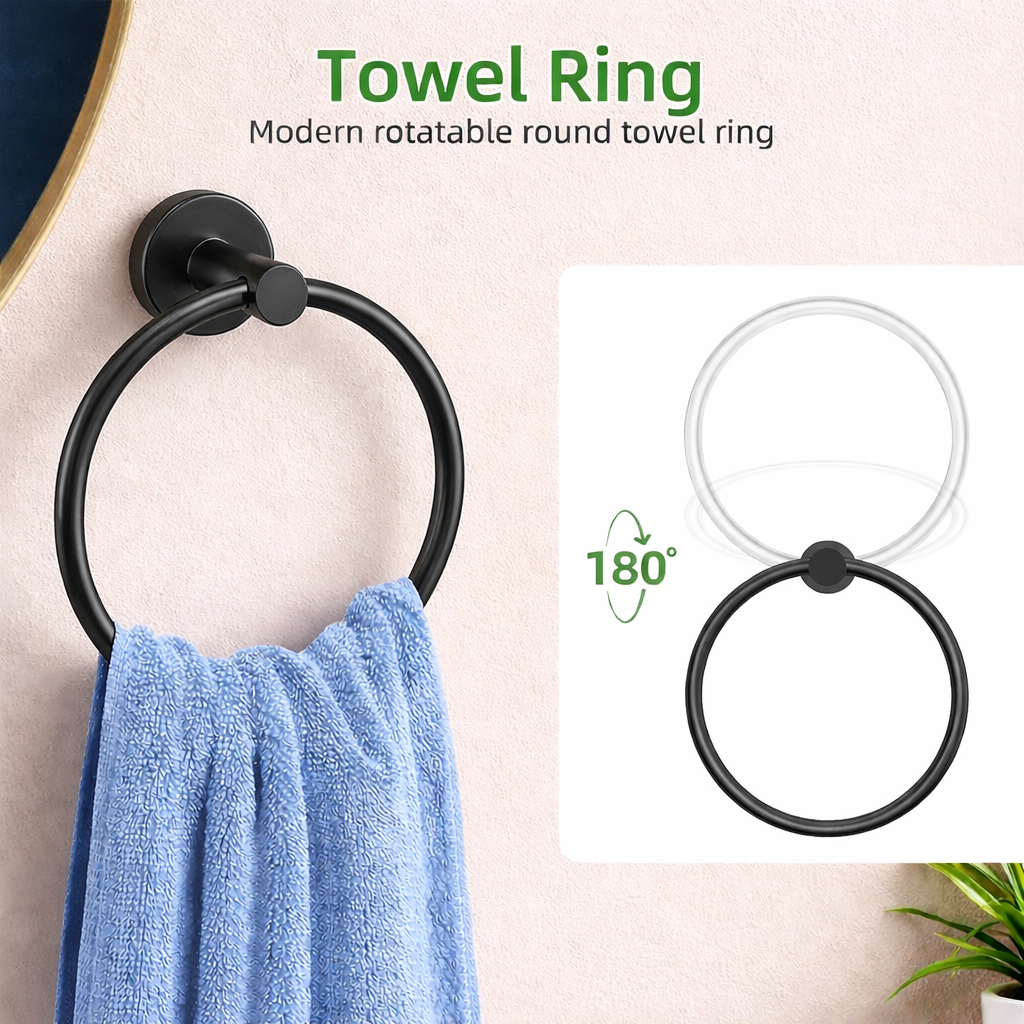 Matte black towel ring with 180-degree rotation holding a blue towel