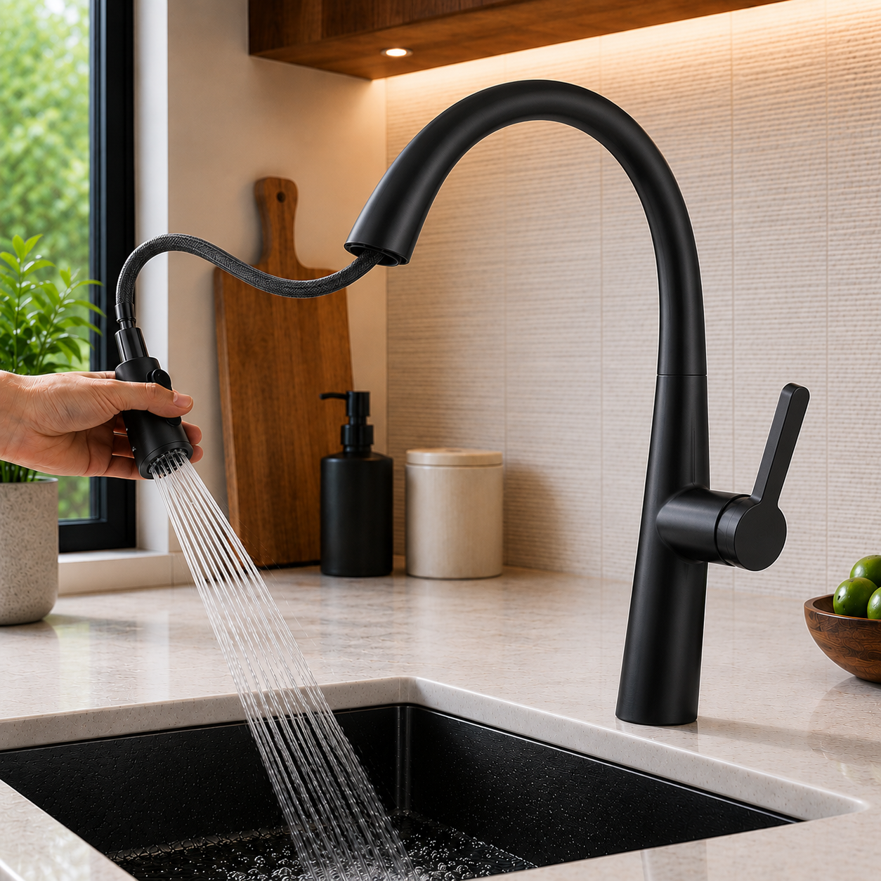 Matte black kitchen faucet showing pull-out spray function
