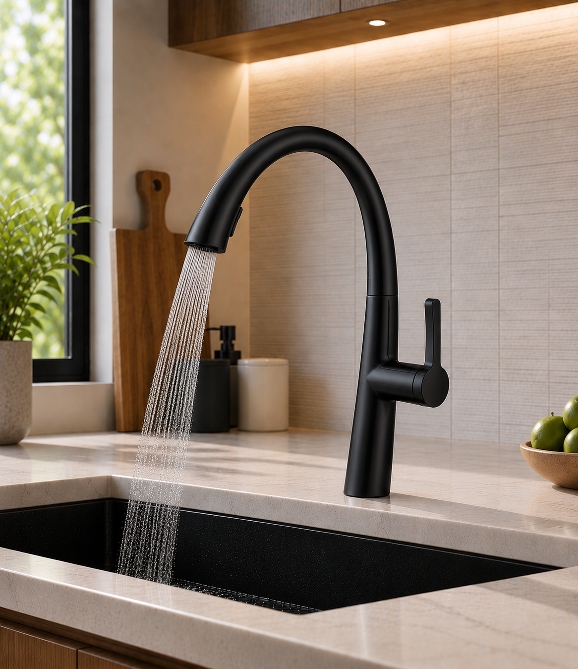 Matte black kitchen faucet showing pull-out spray function