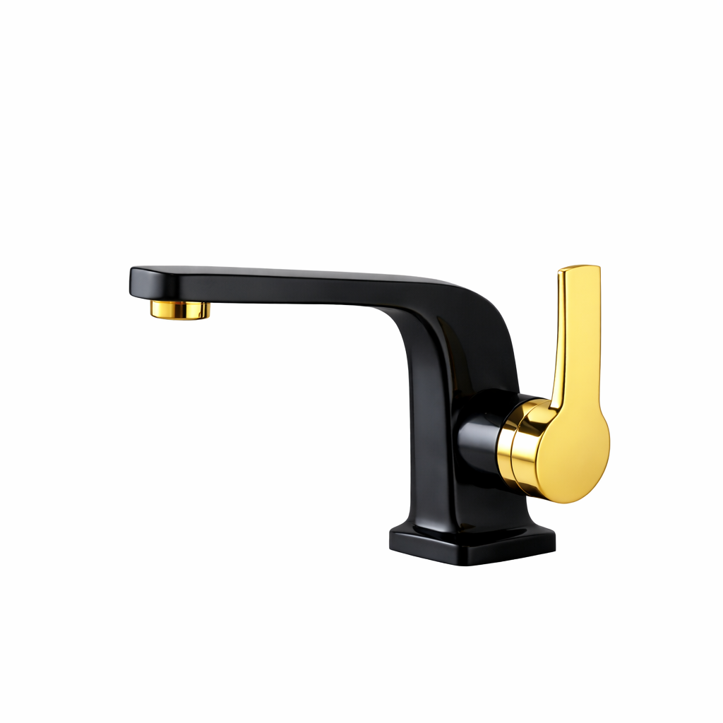 Shiny gold side handle detail on matte black bathroom faucet by MAX Faucets