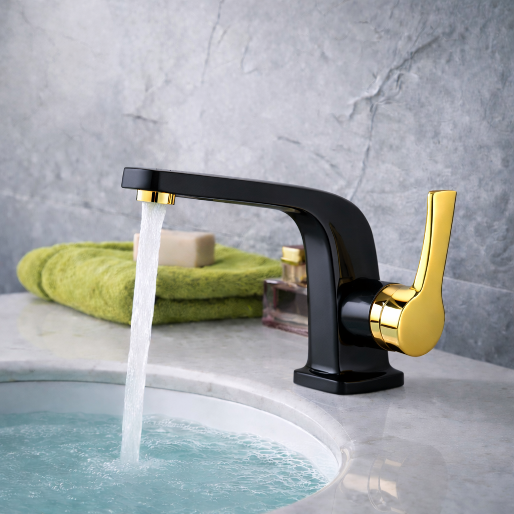 MAX Faucets matte black and shiny gold bathroom faucet with modern side handle