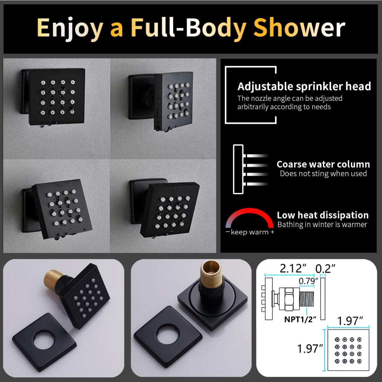 Four adjustable matte black body jets from MAX Faucets ceiling shower system