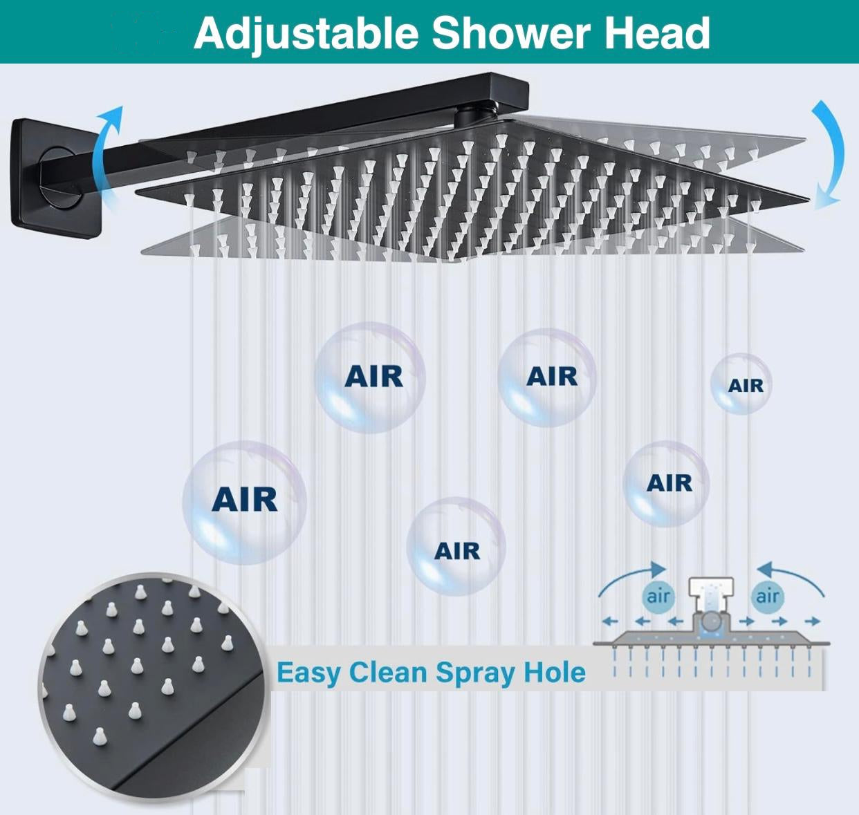 Matte black square shower head with rainfall spray