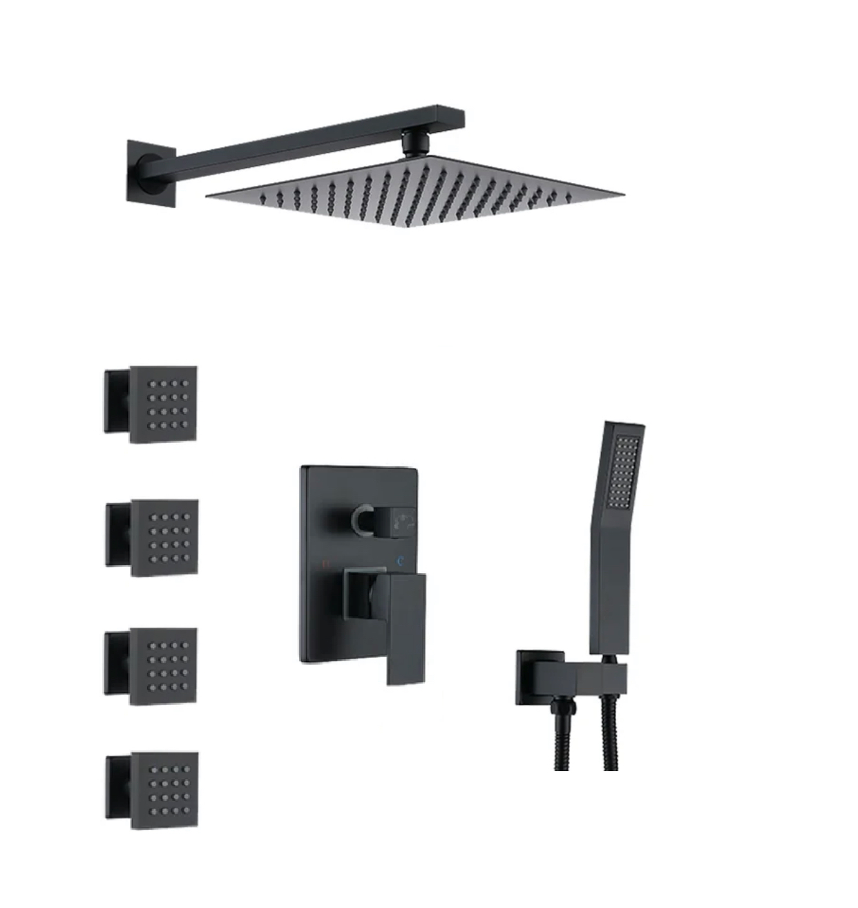 Complete matte black shower system with rainfall shower head, handheld shower and 4 body jets