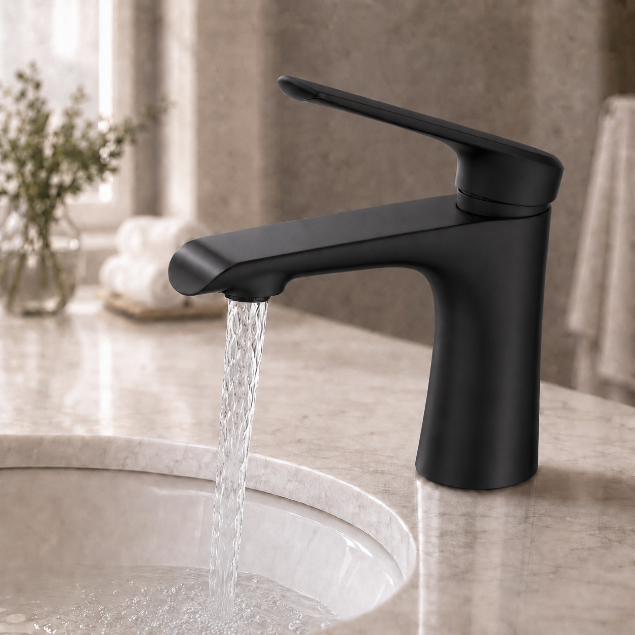Matte black single-handle bathroom faucet installed on a light marble countertop with a white sink basin, shown in a softly blurred bathroom setting.