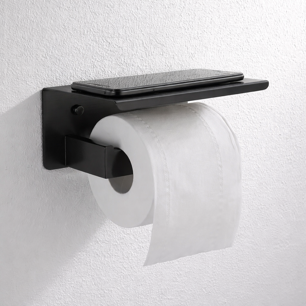 Matte black stainless steel toilet paper holder with shelf, wall-mounted bathroom tissue holder by MAX Faucets