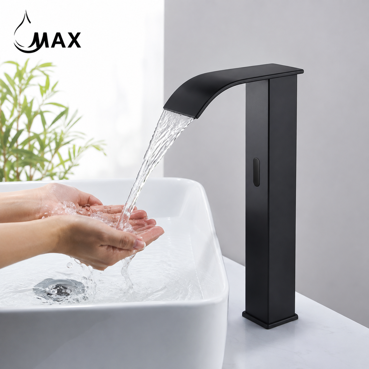 A matte black high-arc single-handle bathroom faucet shown next to a white ceramic vessel sink against a gray wall. The brand name 'MAX' is visible in the top left corner.