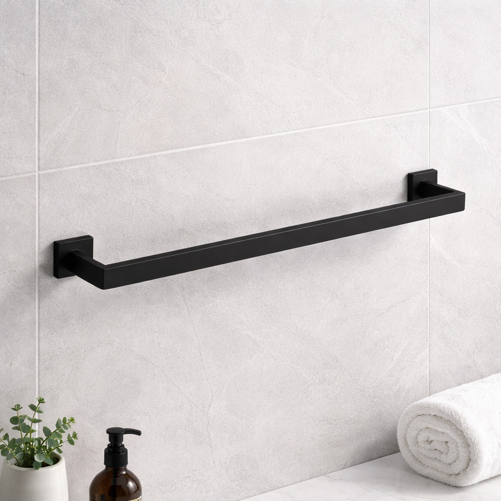 Matte black stainless steel towel bar, 60cm wall-mounted bathroom towel rack by MAX Faucets with folded towel