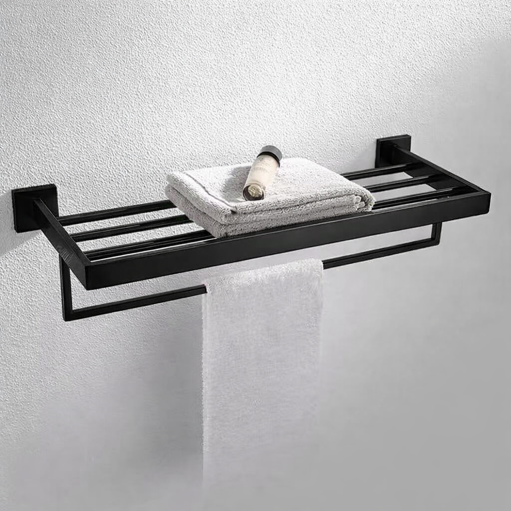 Matte black stainless steel towel shelf with bar, 60cm wall-mounted bathroom towel rack by MAX Faucets with folded towels on top