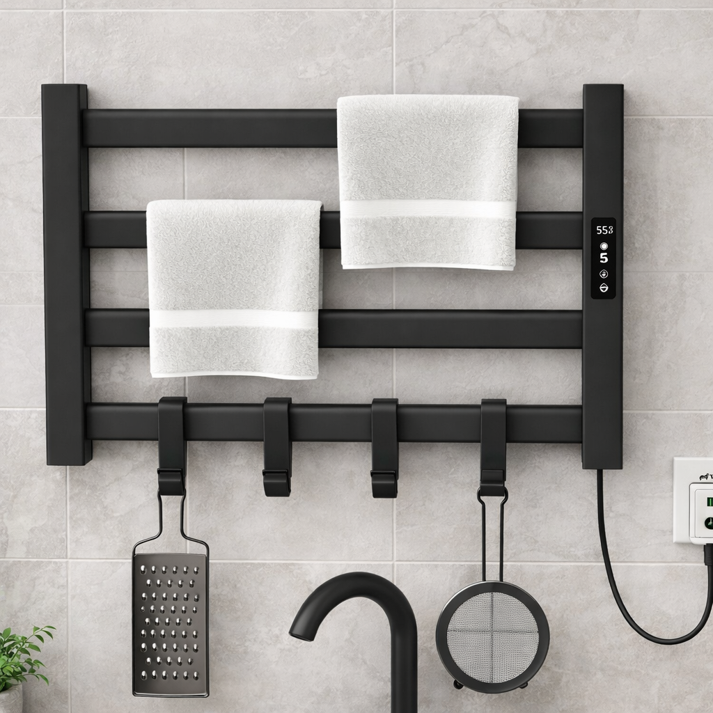 Close-up of digital control display on matte black electric towel warmer rack