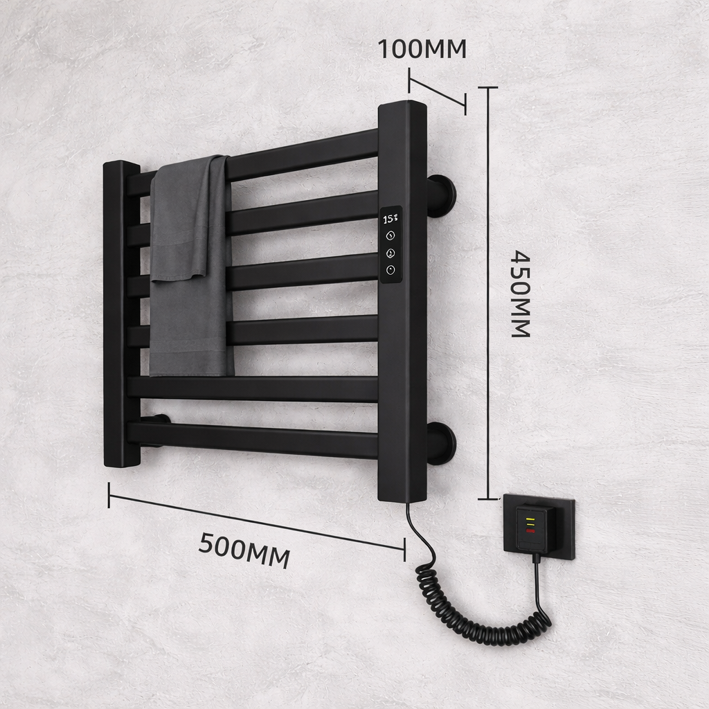 Side view of matte black 6-bar wall-mounted electric towel warmer rack showing slim profile
