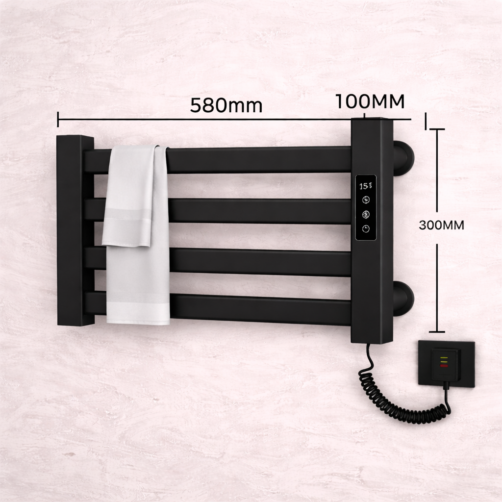 Dimensions of matte black electric towel warmer rack showing 580 mm width and 300 mm height