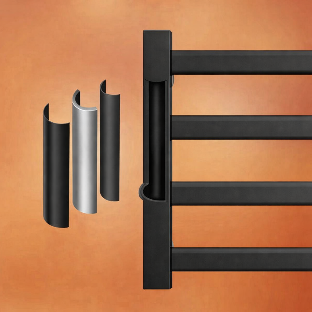 Matte black electric towel warmer rack with bottom hooks for towels and accessories