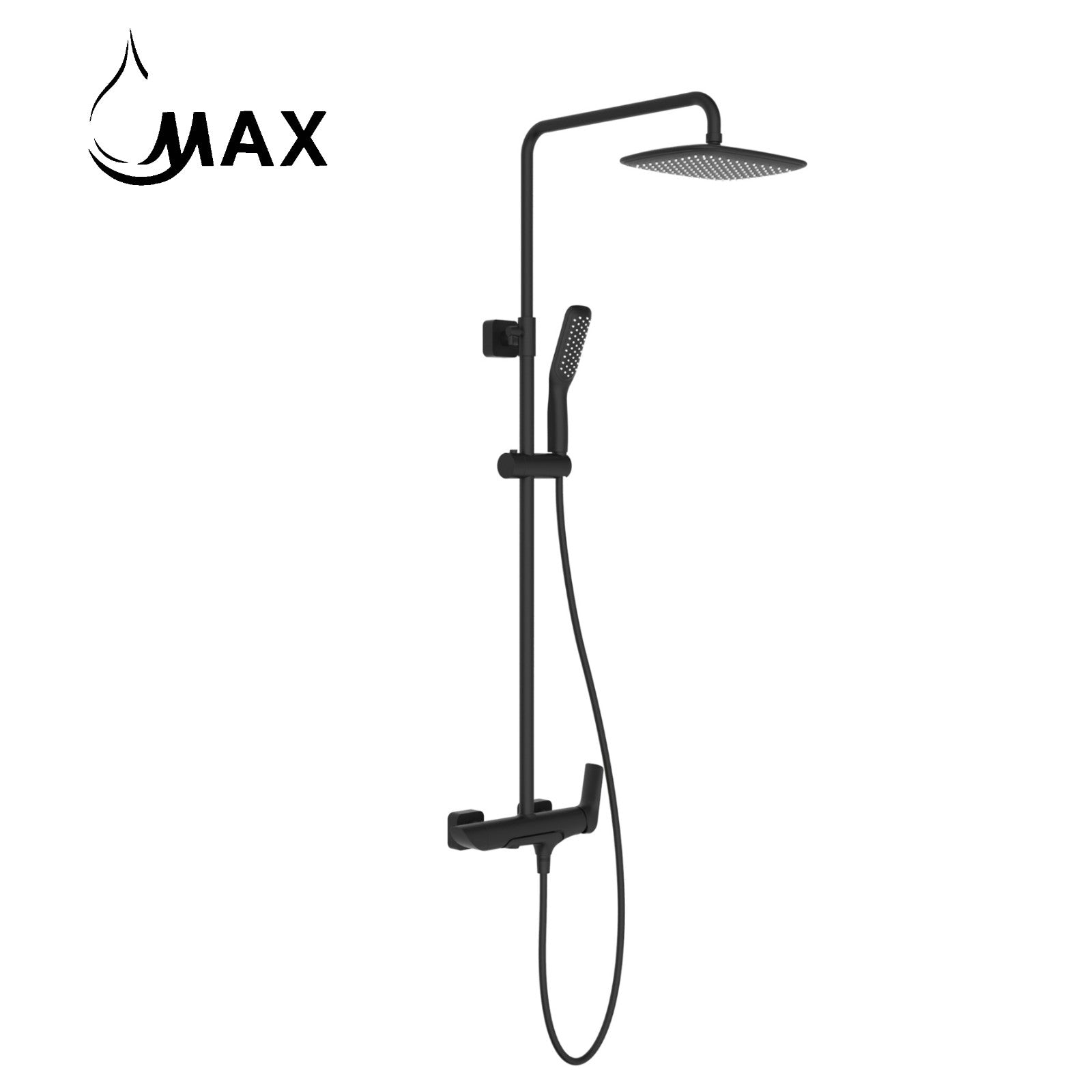 Matte black tub rain shower system with swinging spout by MAX Faucets Canada