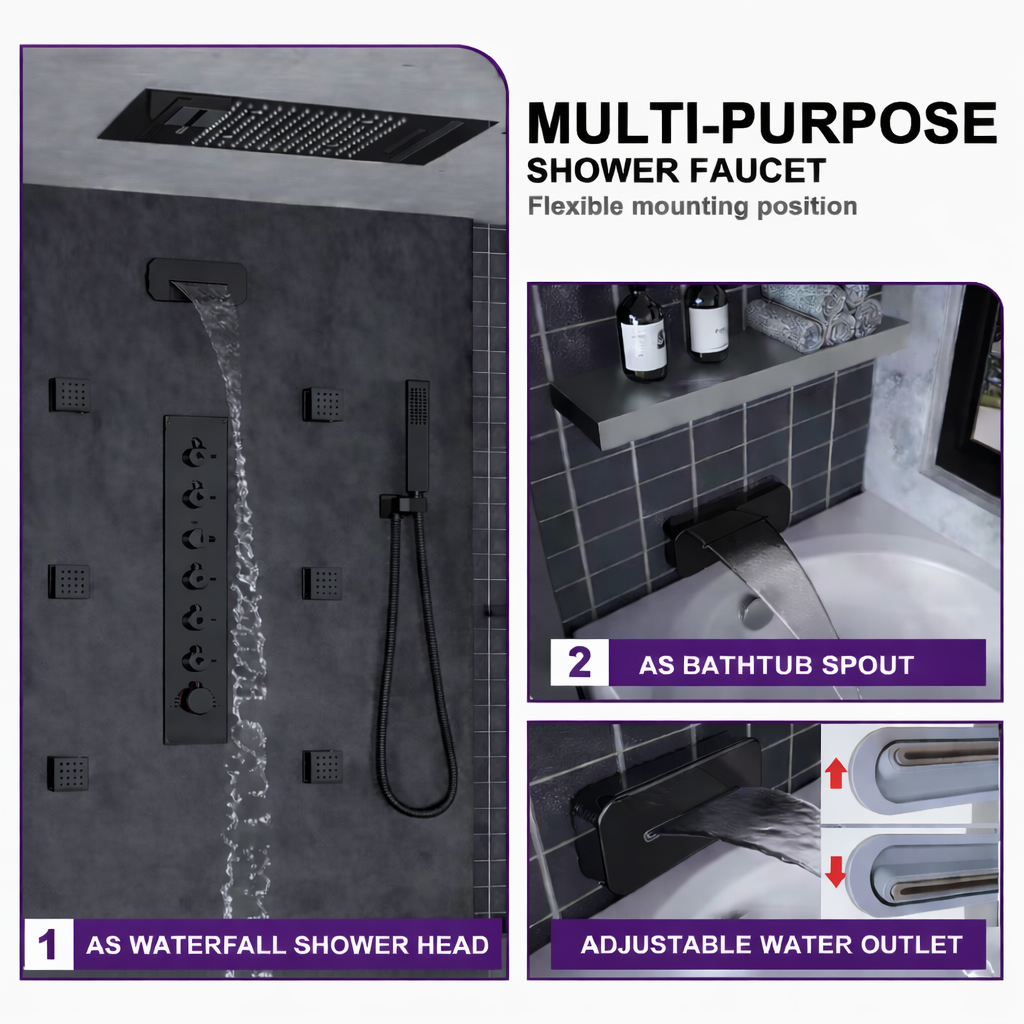 Matte black water spout integrated into luxury thermostatic shower system