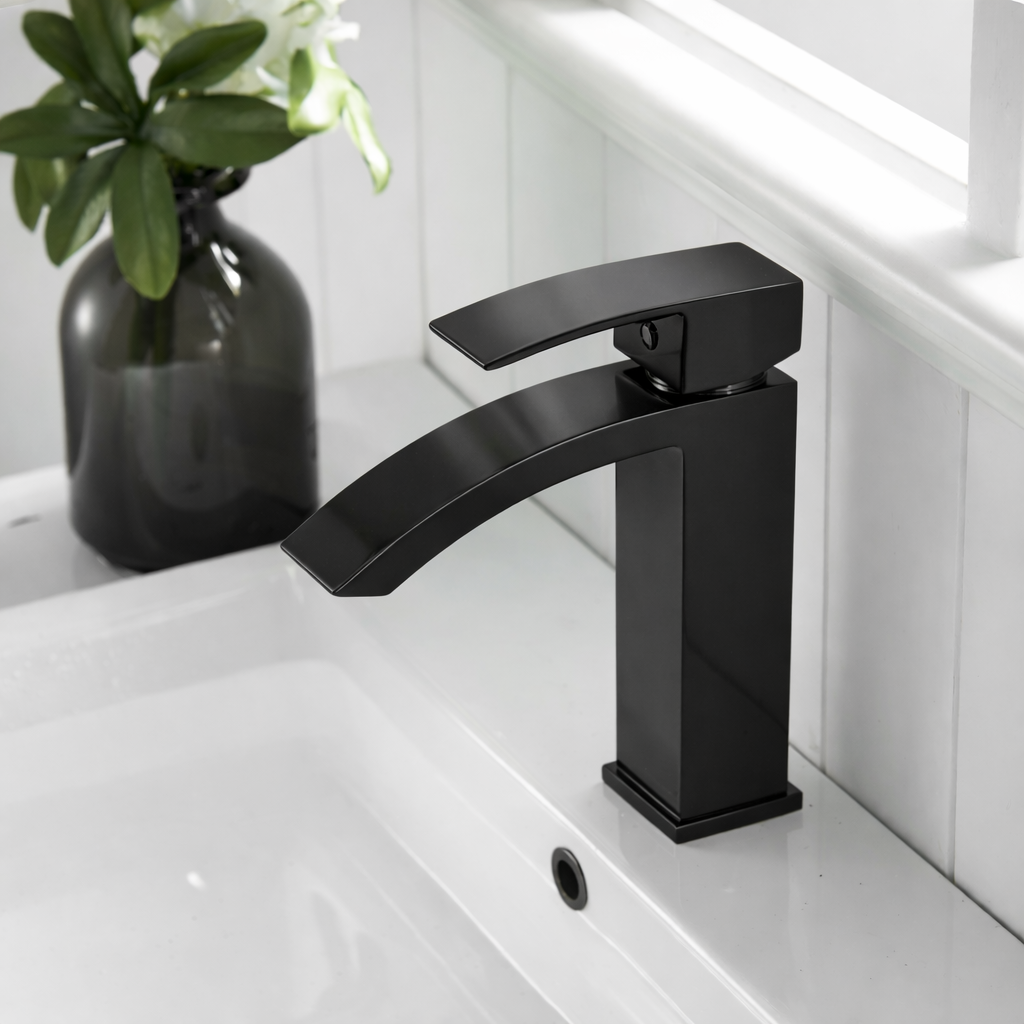 Side view of MAX Faucets matte black waterfall bathroom faucet showing open spout