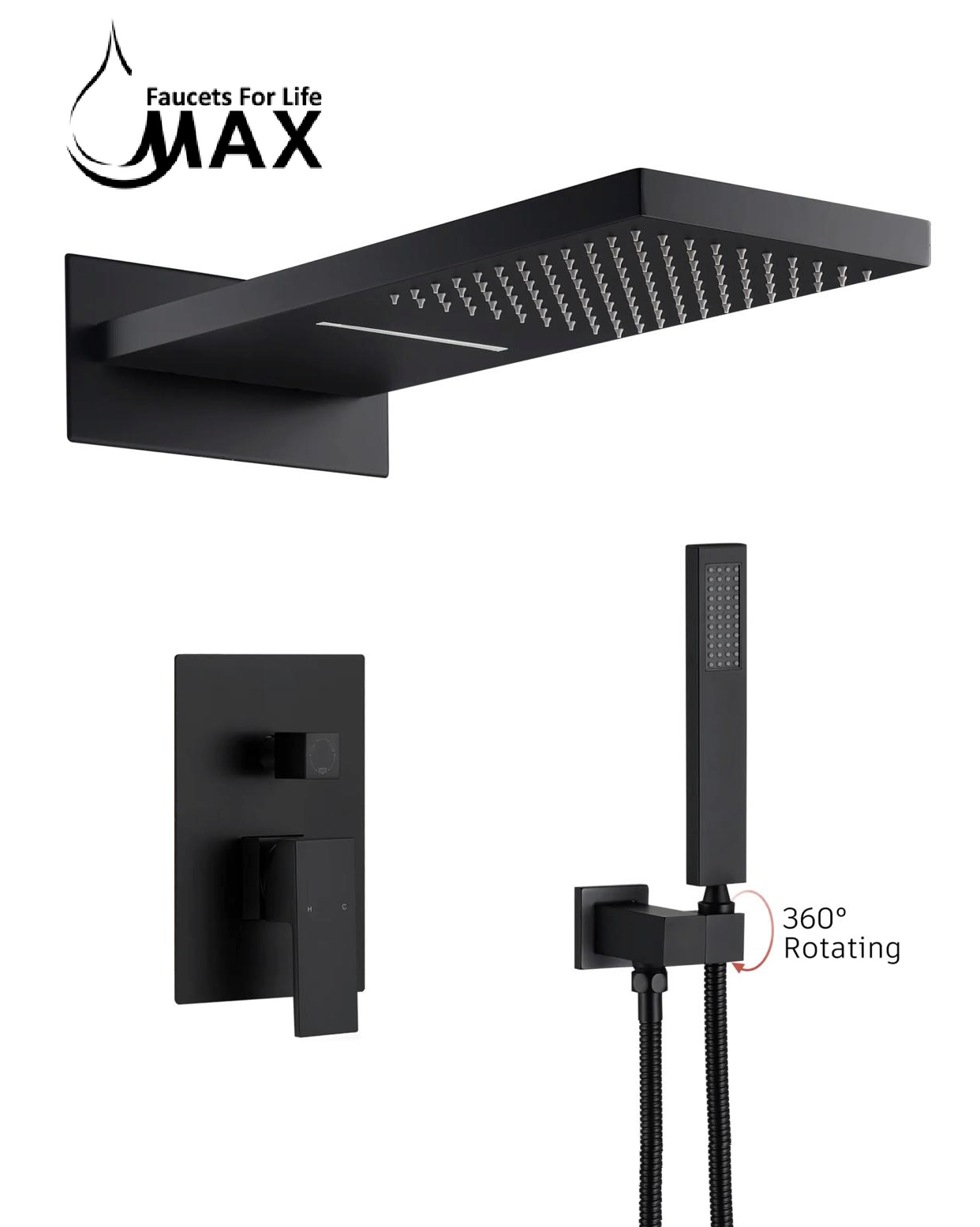 Matte black waterfall and rainfall shower system with handheld and pressure balance valve