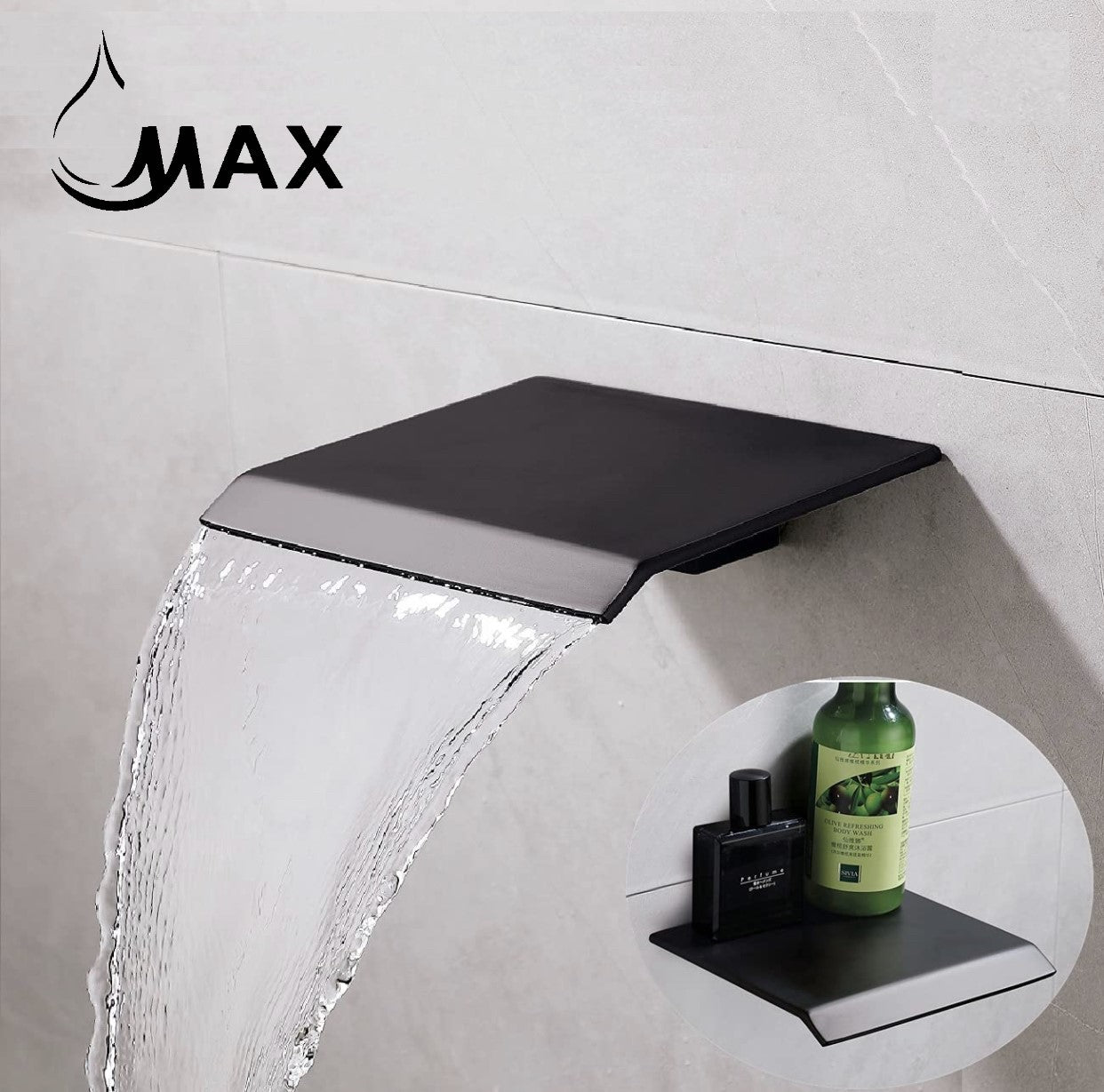 Matte black waterfall tub filler spout wall mounted with wide water flow by MAX Faucets