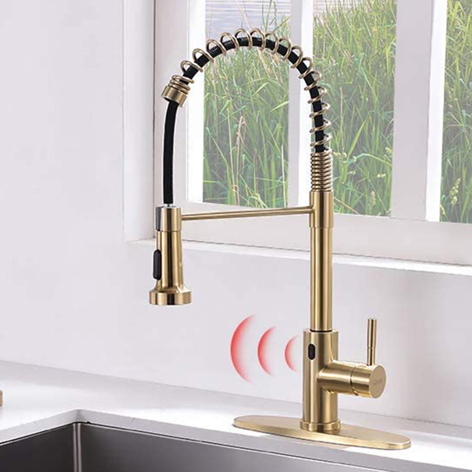 Front View of MAX Brushed Gold 19.5-inch Touchless Kitchen Faucet