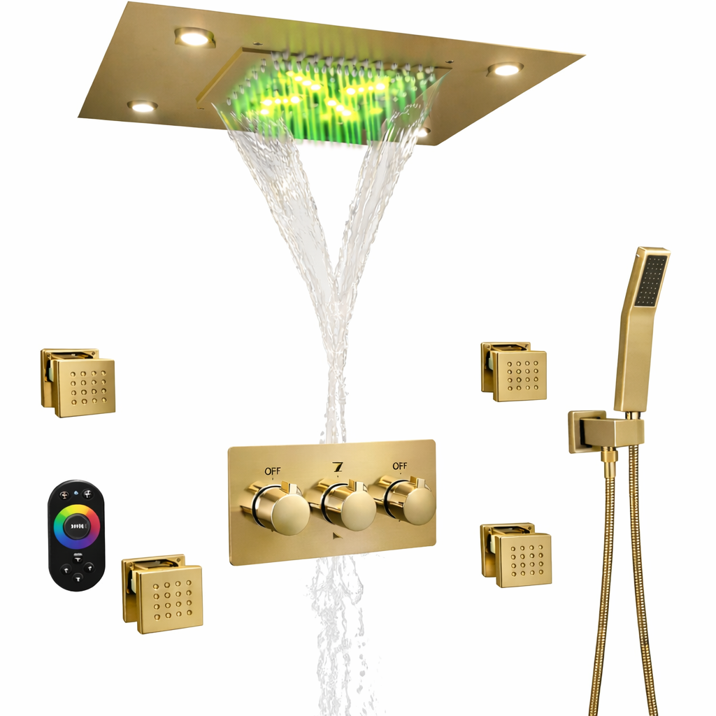 MAX Faucets 20-inch LED ceiling shower system in brushed gold with rainfall, waterfall, handheld shower and 4 body jets