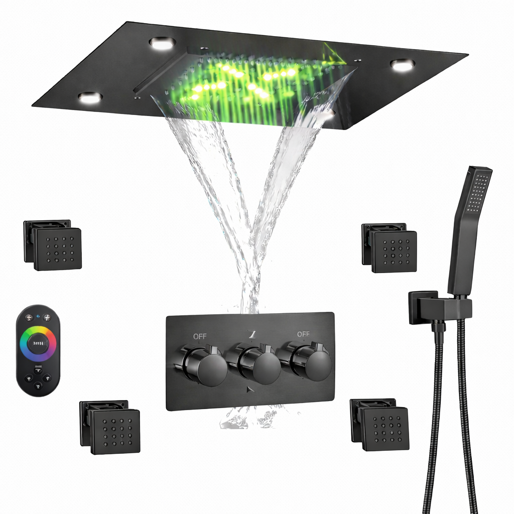 MAX Faucets 20-inch LED ceiling shower system with 4 body jets, handheld shower, and pressure balance valve in matte black finish