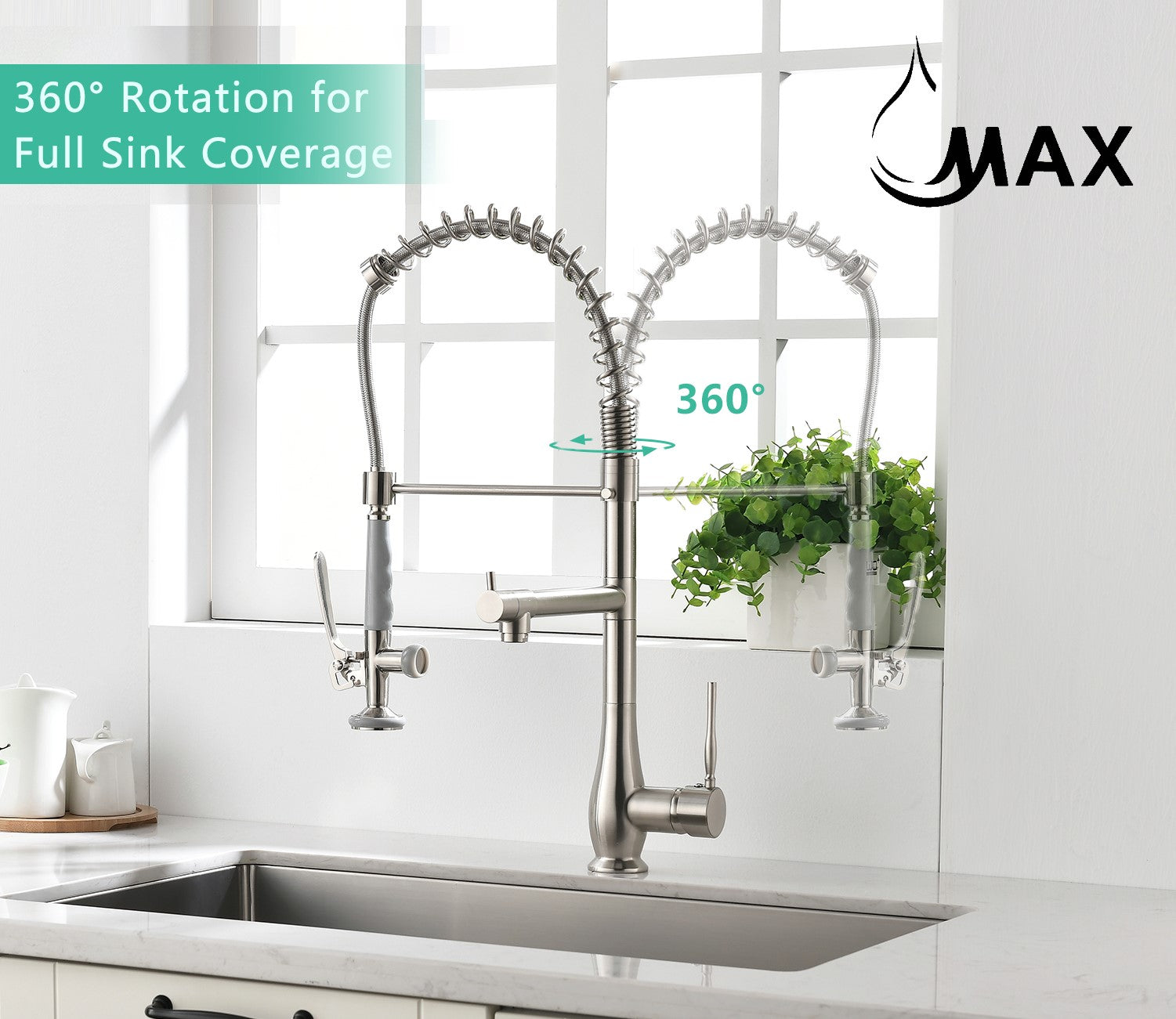 22-inch high arc 360-degree swivel pre-rinse kitchen faucet in brushed nickel 