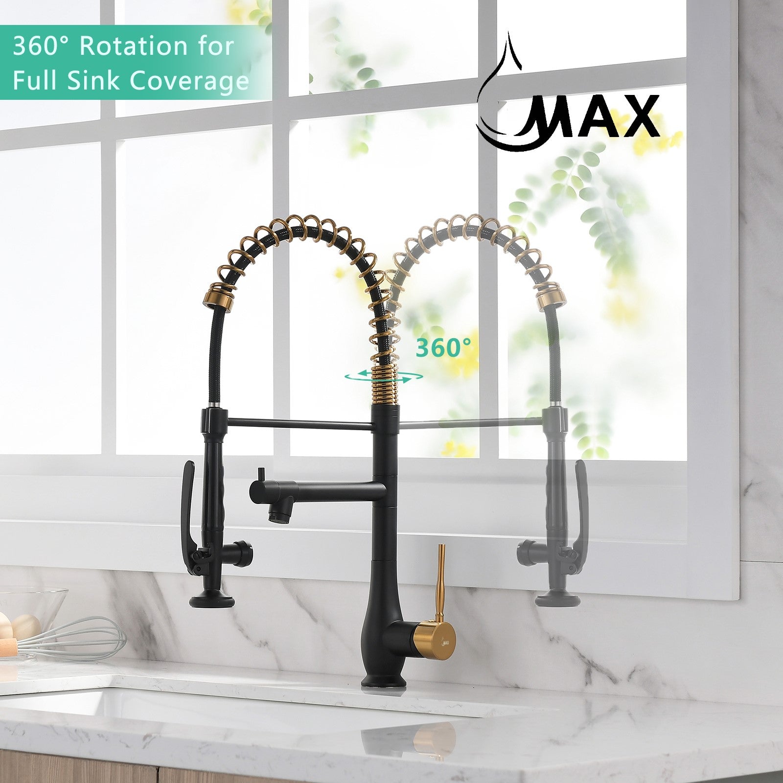 22-inch high arc 360-degree swivel pre-rinse kitchen faucet in matte black and brushed gold