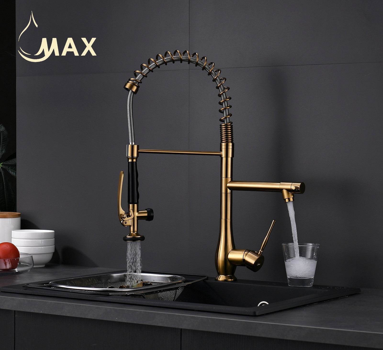 MAX Faucets MB-19266-BG brushed gold 22-inch pre-rinse chef-style kitchen faucet with separate pot filler spout