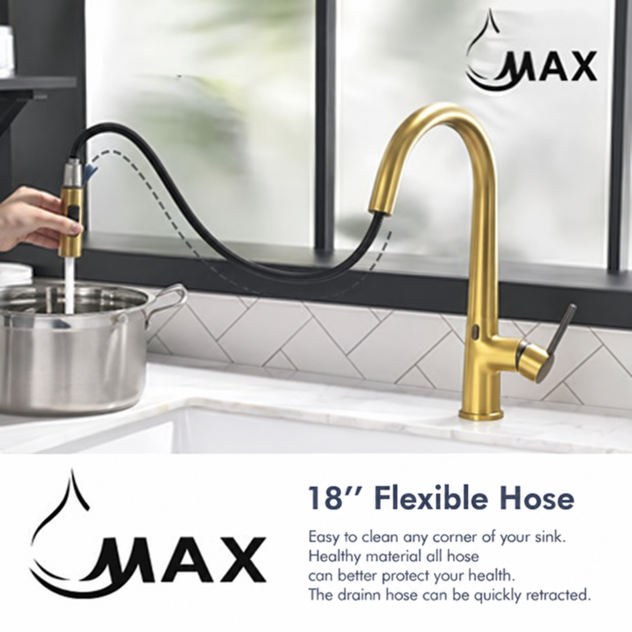 Touchless Kitchen Faucet – Smart Single Handle Pull-Out, 16” High Arc Spout, Brushed Gold & Matte Black Finish