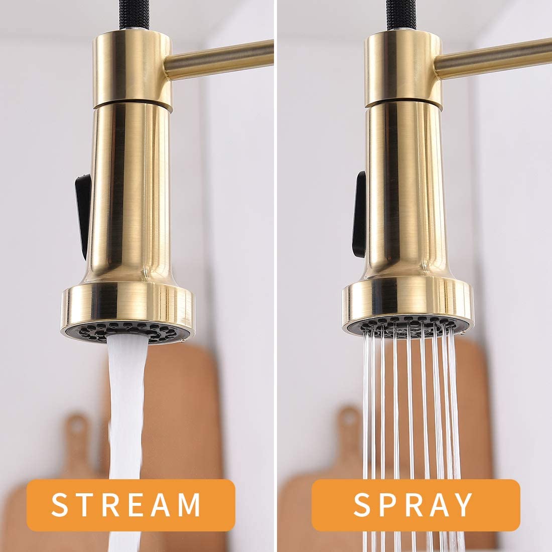 Close-Up of MAX Brushed Gold Pull-Out Sprayer on 19.5-inch Spring Kitchen Faucet