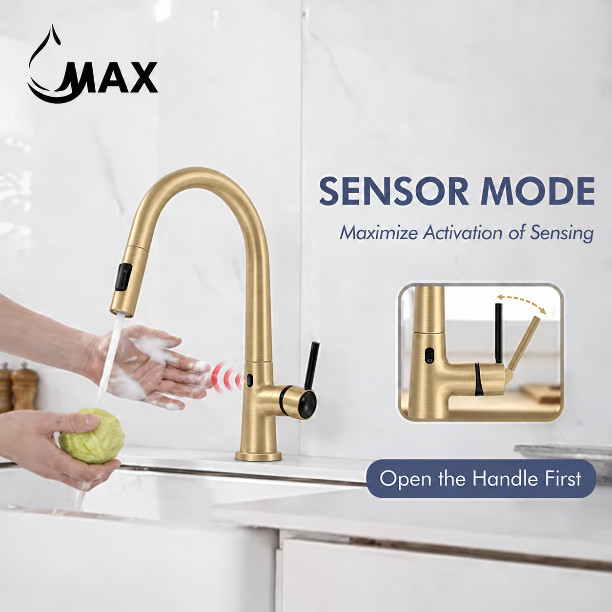 MAX Touchless Kitchen Faucet in Brushed Gold with 16-inch High Arc Spout and Pull-Out Spray