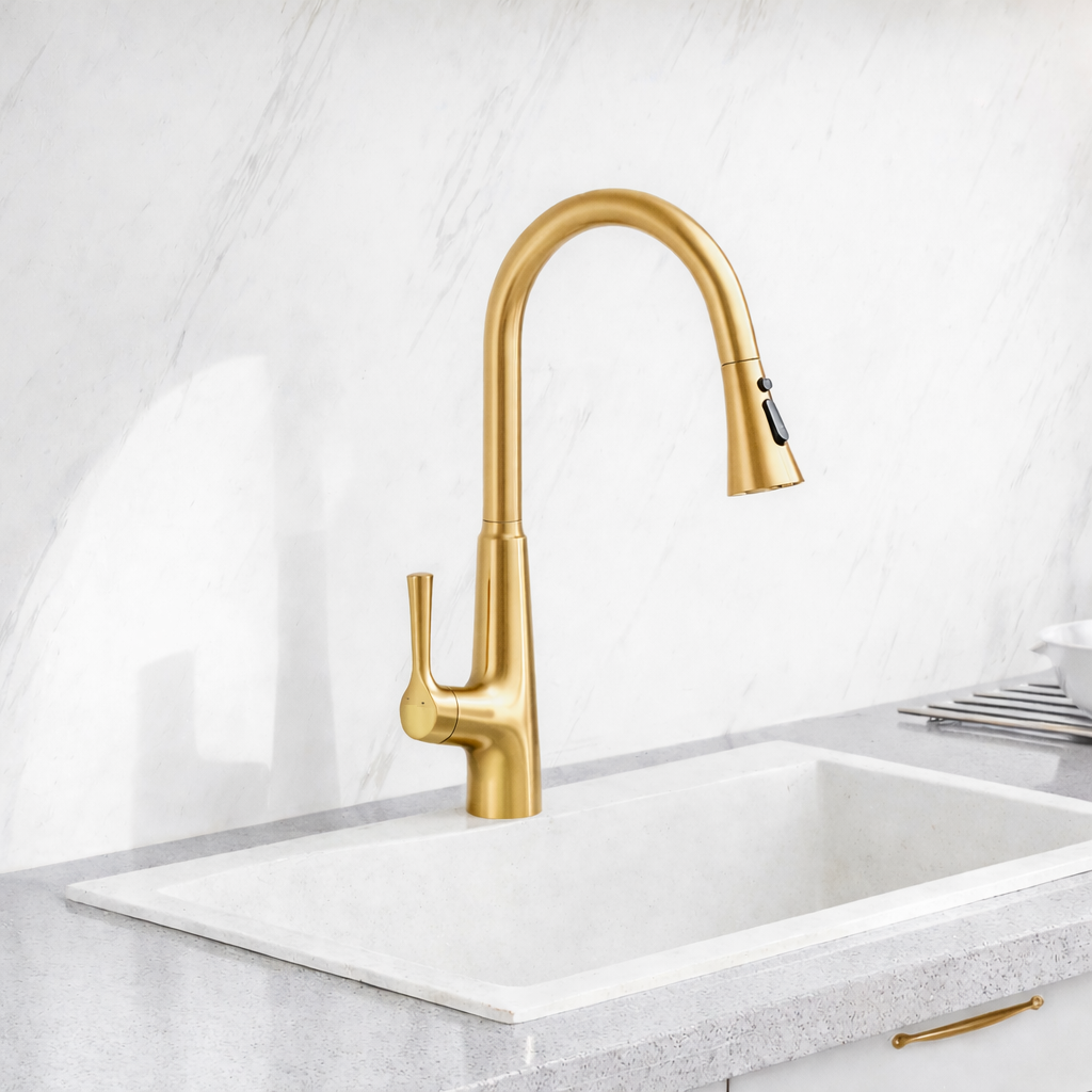 MAX 17.75-inch Brushed Gold Touchless Kitchen Faucet Installed in Modern Kitchen