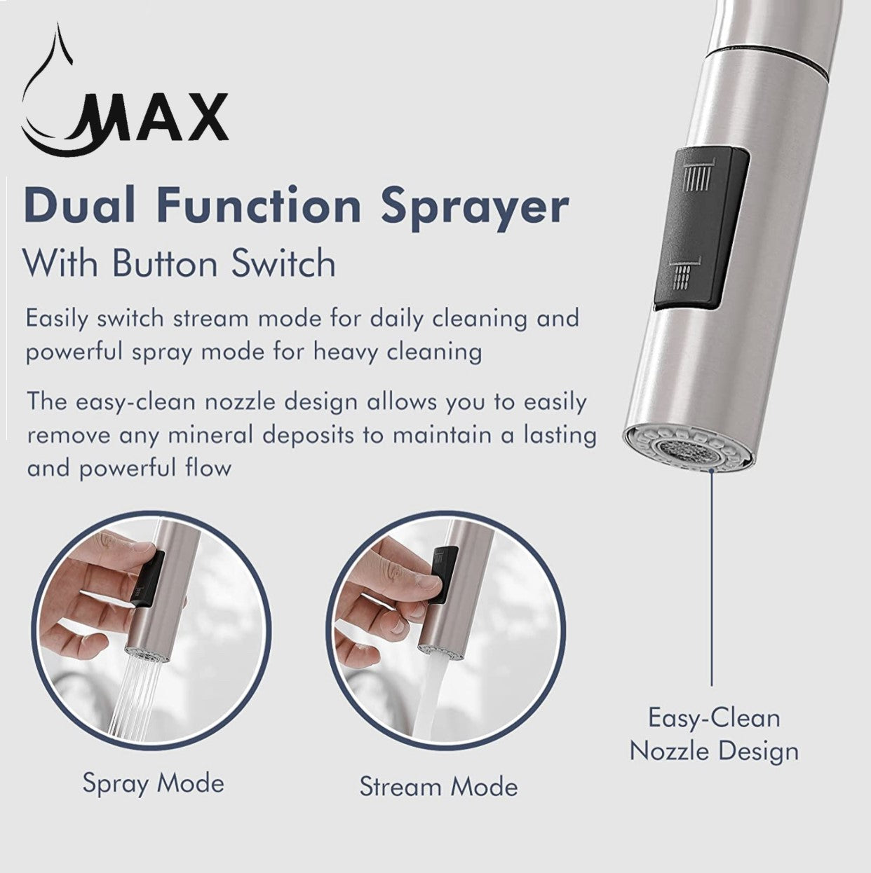 MAX Brushed Nickel Kitchen Faucet 2-Function Nozzle with Spray and Stream Modes