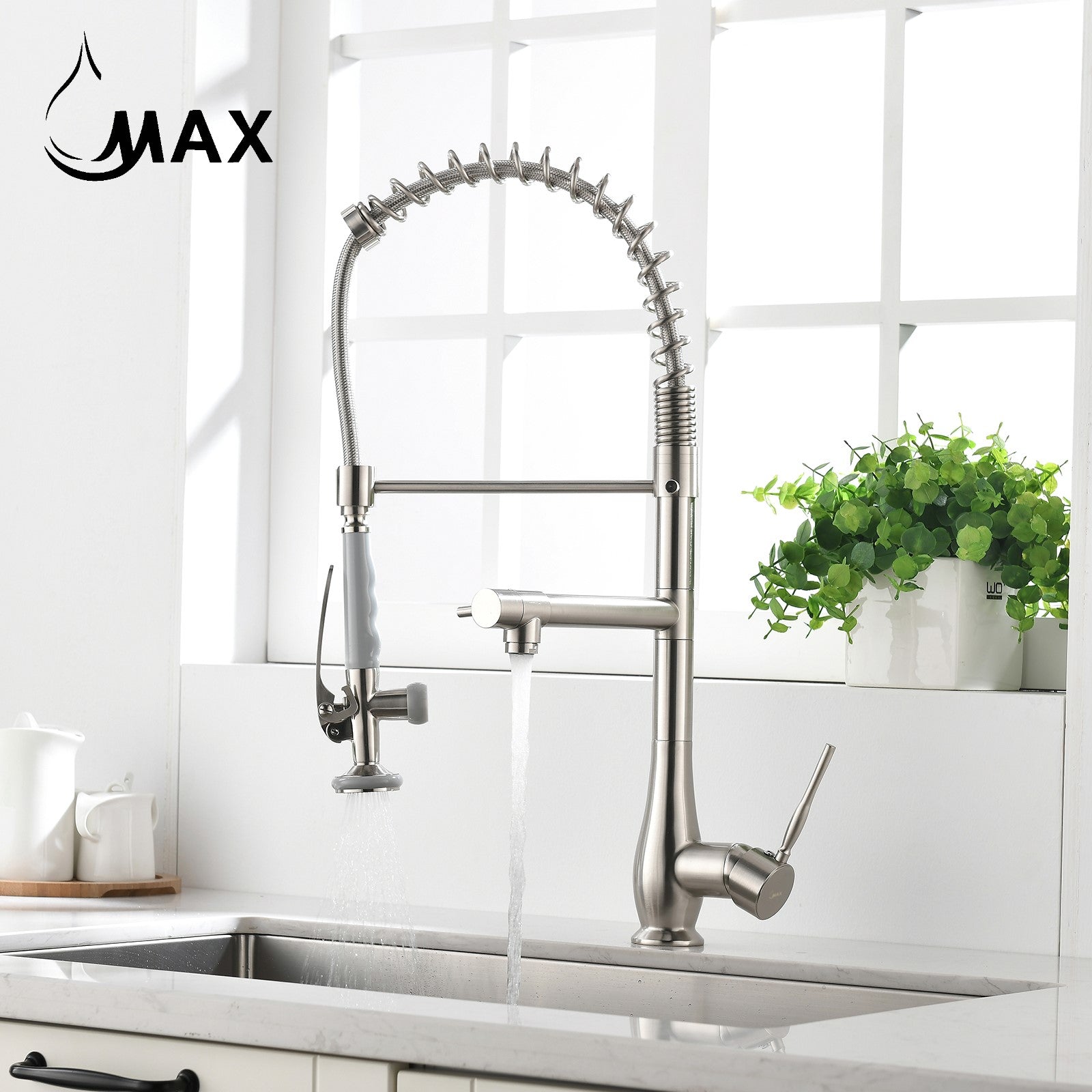 MAX Faucets 22-inch brushed nickel pre-rinse chef-style kitchen faucet with separate pot filler spout