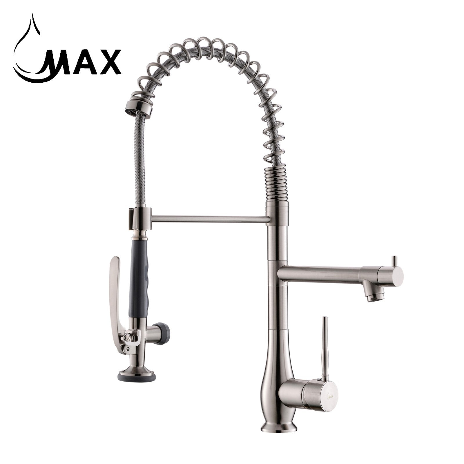 Flexible pull-down hose on brushed nickel pre-rinse chef-style kitchen faucet