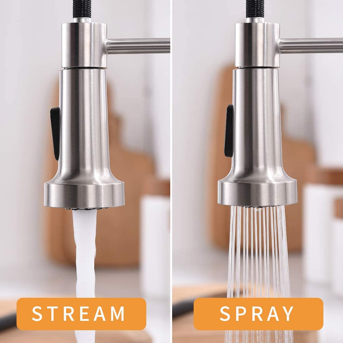 Close-Up of MAX Faucets Brushed Nickel Pull-Out Sprayer on 19.5-inch Kitchen Faucet