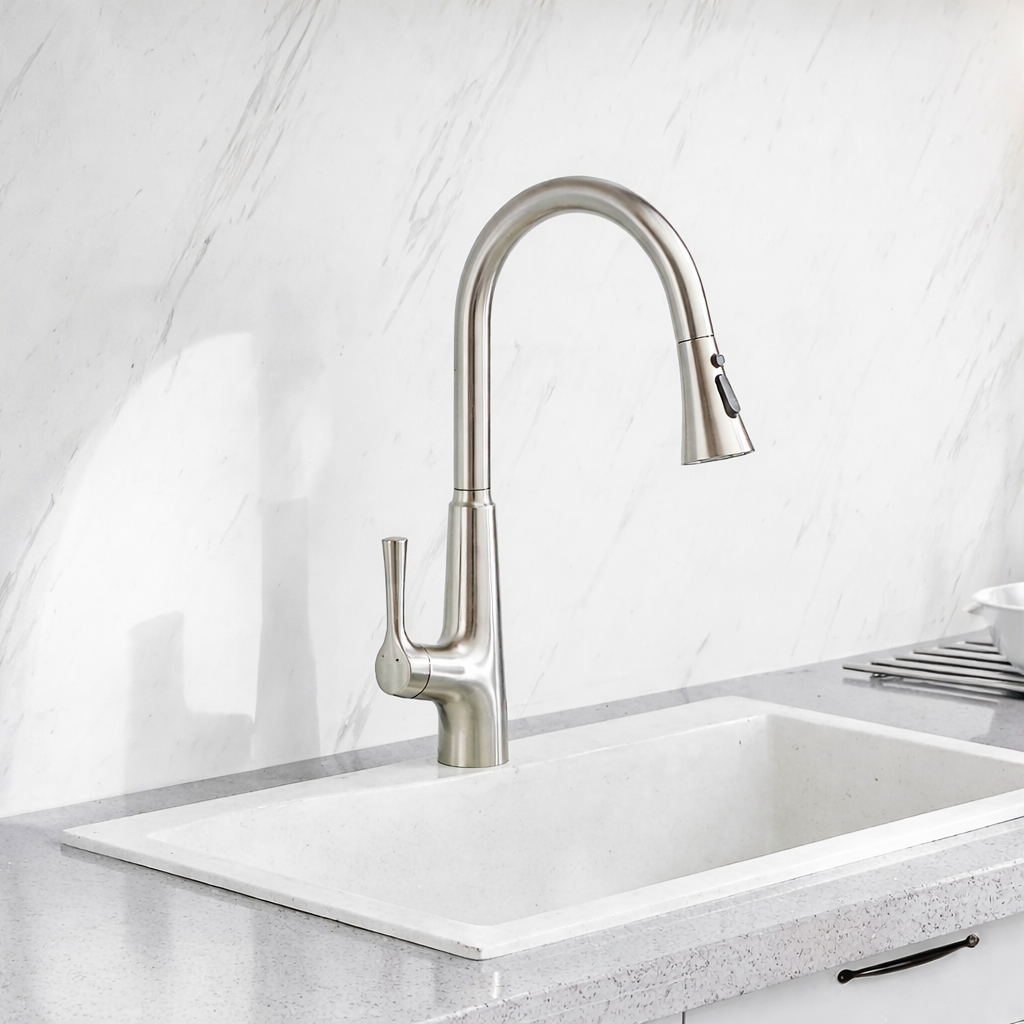 MAX Faucets 17.75-inch Brushed Nickel Touchless Kitchen Faucet Installed in Modern Kitchen