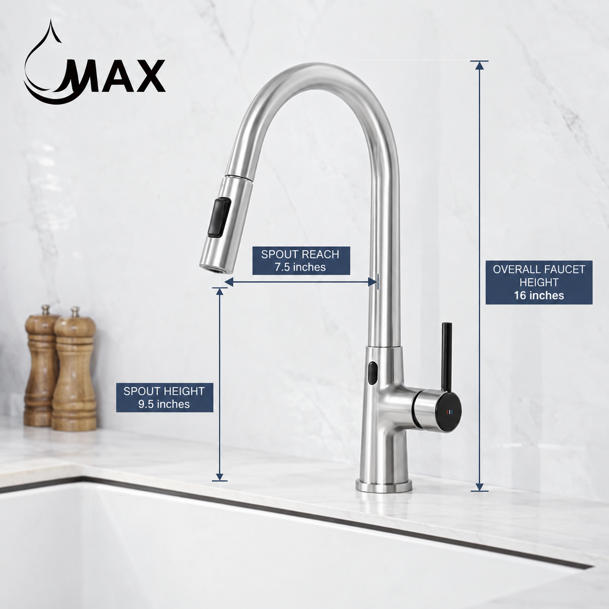 MAX chrome touchless kitchen faucet dimensions and measurements.