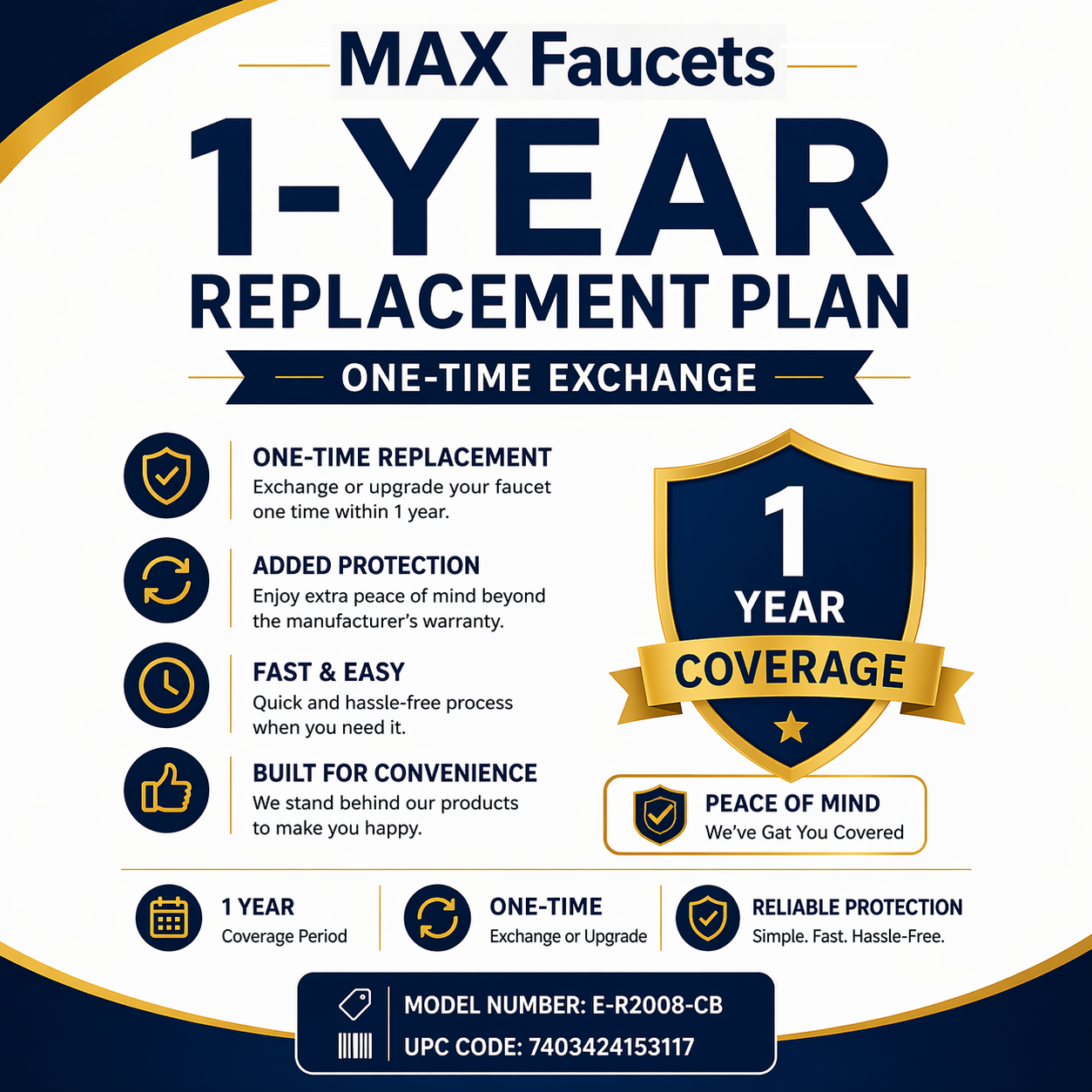 MAX Faucets 1-Year Replacement Plan One-Time Replacement or Upgrade Faucet Warranty Coverage