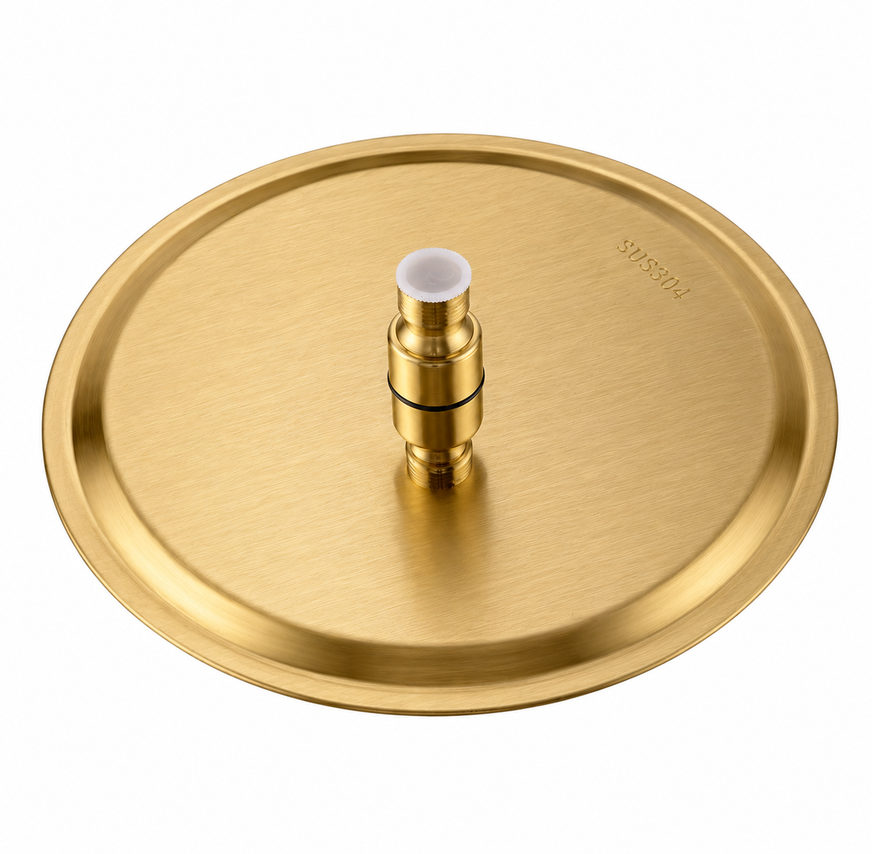 Back view of MAX Faucets 12-inch brushed gold stainless steel round shower head with swivel connector