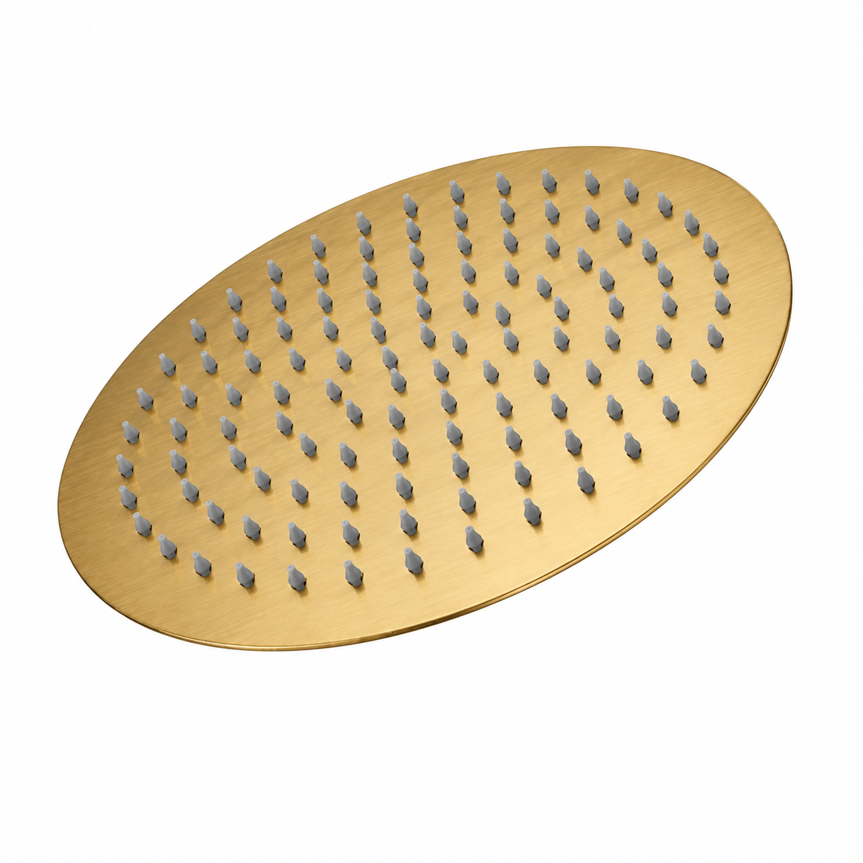 MAX Faucets 12-inch brushed gold round rainfall shower head front view with anti-limescale silicone nozzles