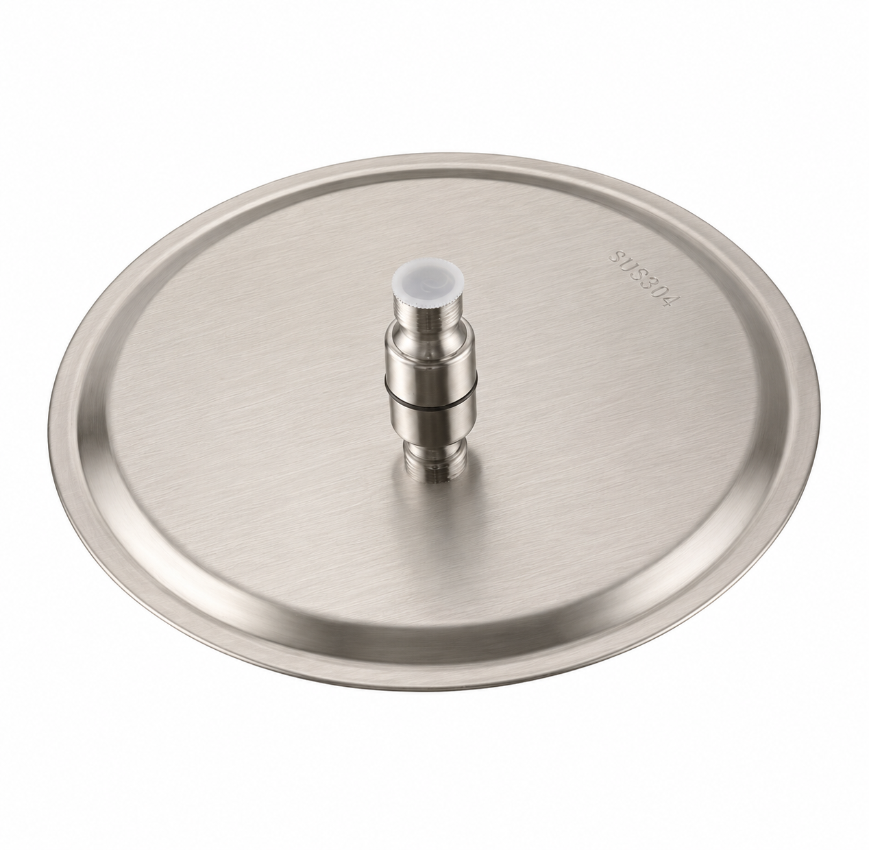 Back view of MAX Faucets 12-inch brushed nickel stainless steel round shower head with swivel connector