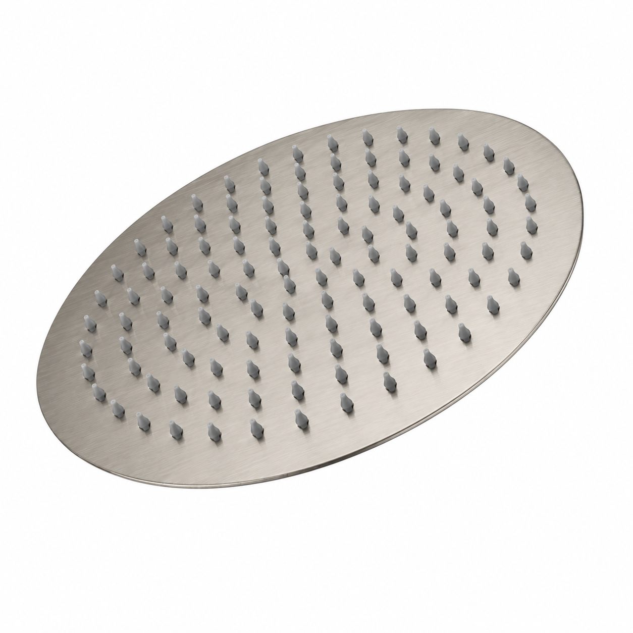 MAX Faucets 12-inch brushed nickel round rainfall shower head front view with anti-limescale silicone nozzles