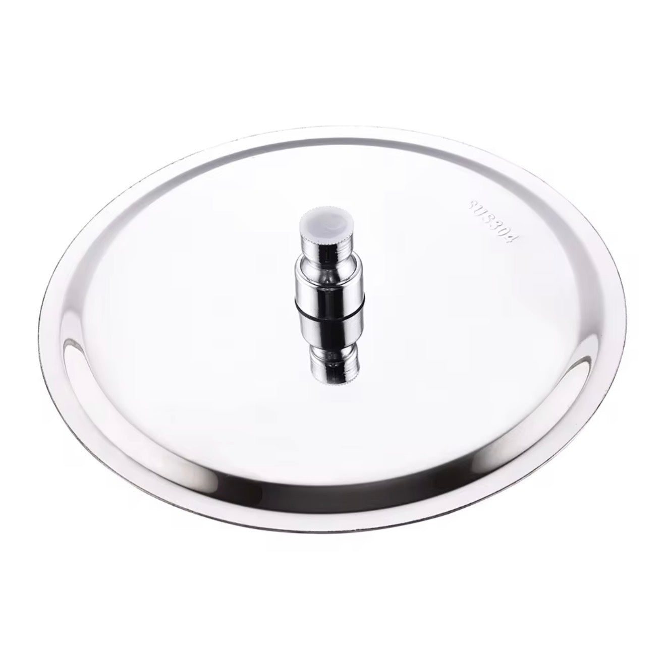 Back view of MAX Faucets 12-inch chrome stainless steel round shower head with swivel connector