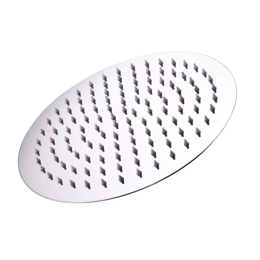 MAX Faucets 12-inch chrome round rainfall shower head front view with anti-limescale silicone nozzles