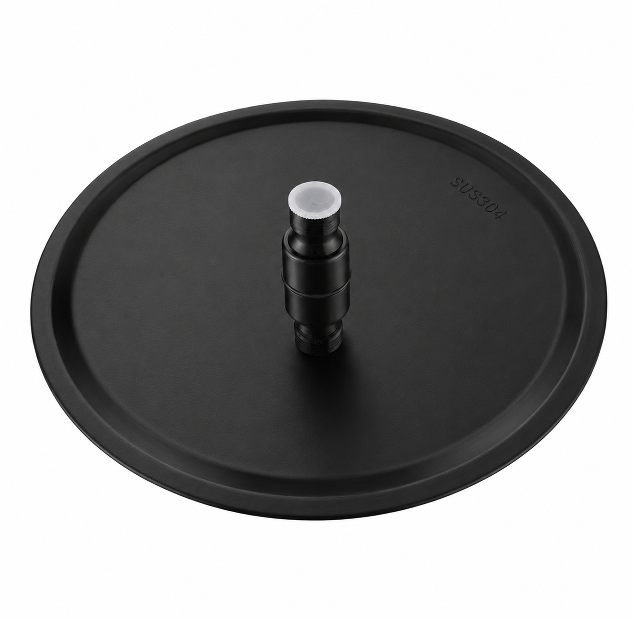 Back view of MAX Faucets 12-inch matte black stainless steel round shower head with swivel connector