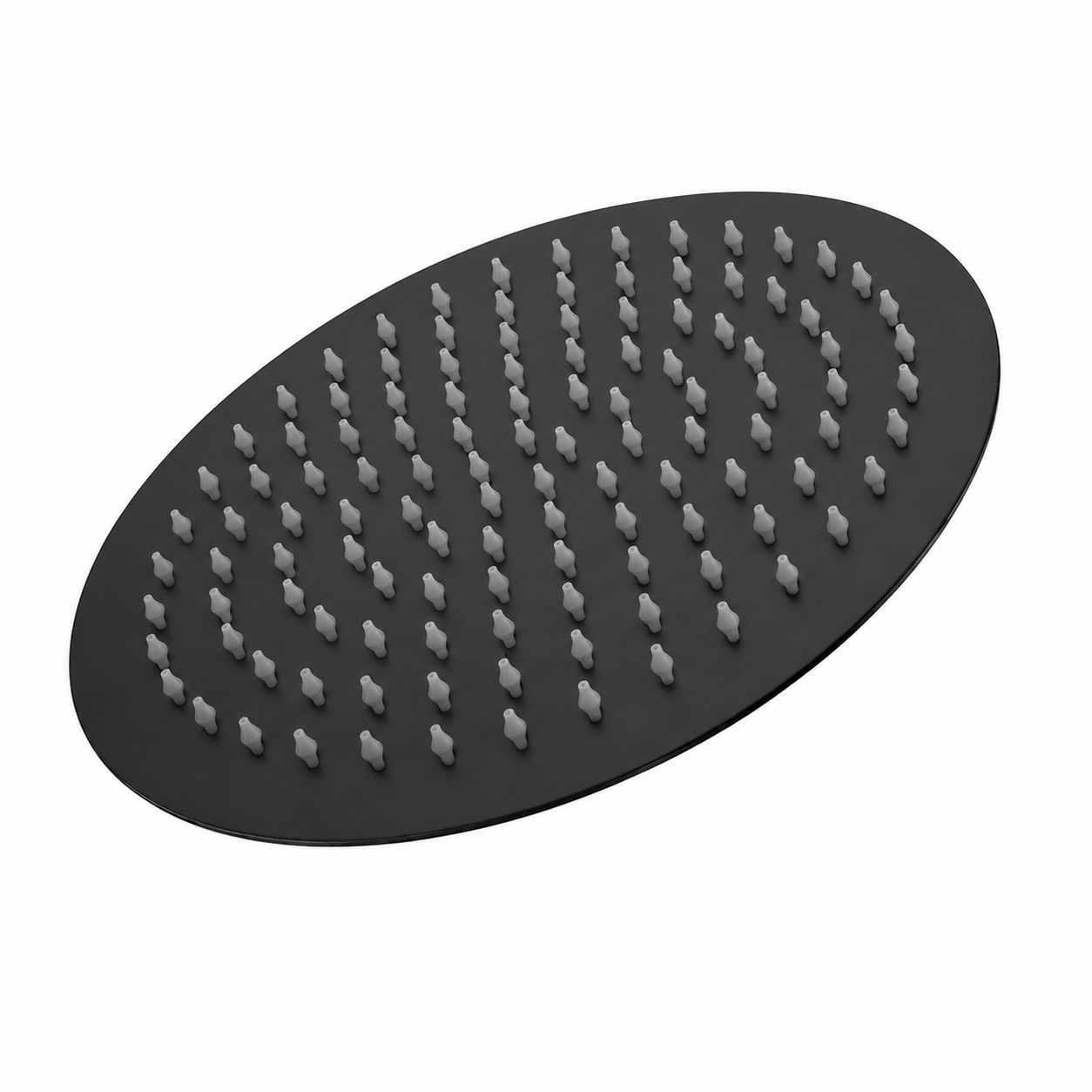 MAX Faucets 12-inch matte black round rainfall shower head front view with anti-limescale silicone nozzles